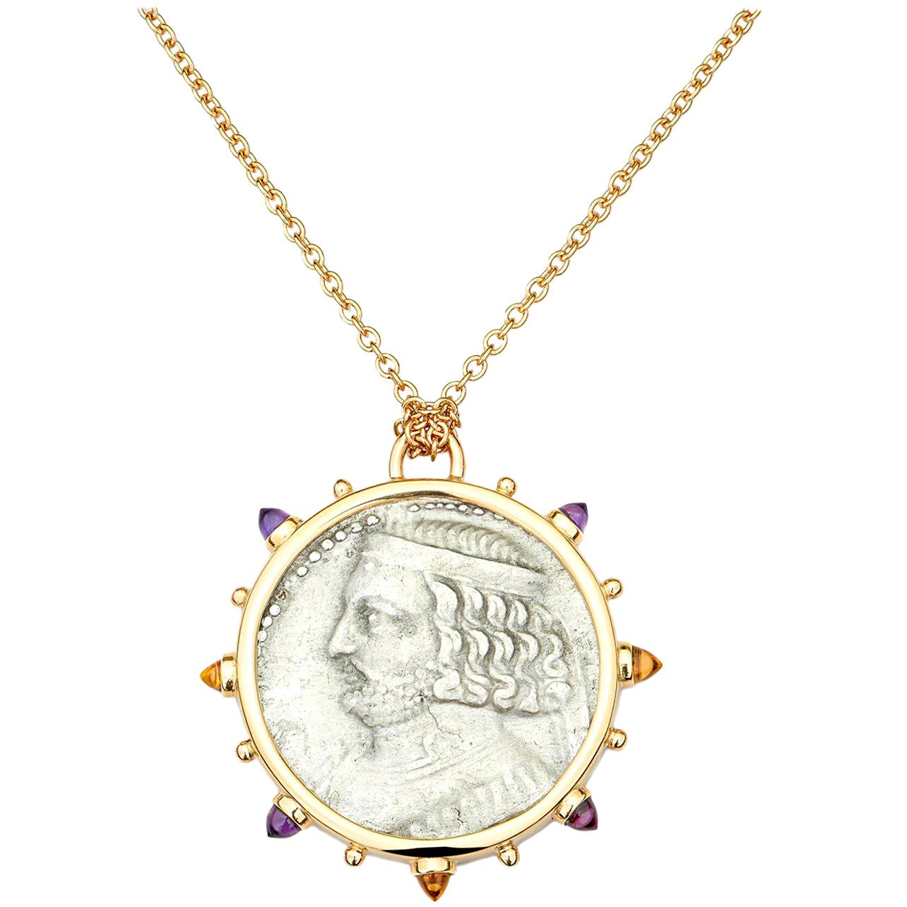 Dubini King of Parthia Ancient Silver Coin Medallion 18 Karat Gold Necklace