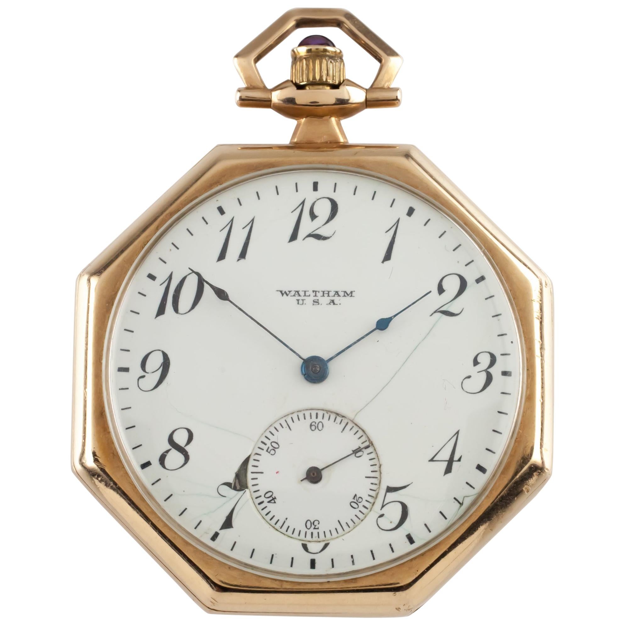 Waltham Octagon Antique 14 Karat Open Face Pocket Watch Gr 225 12S 17 Jewel