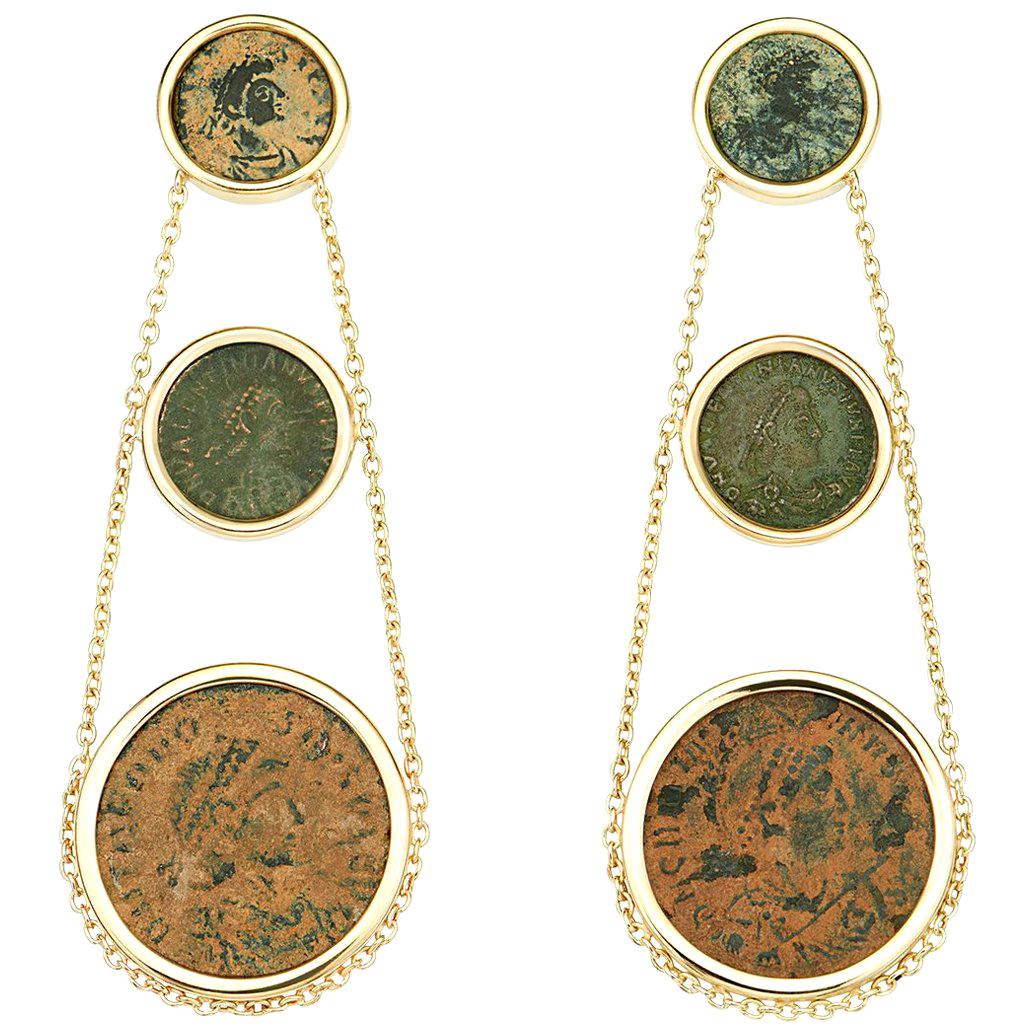 Dubini Roman Ancient Authentic Bronze Coin Chandelier 18 Karat Gold Earrings For Sale