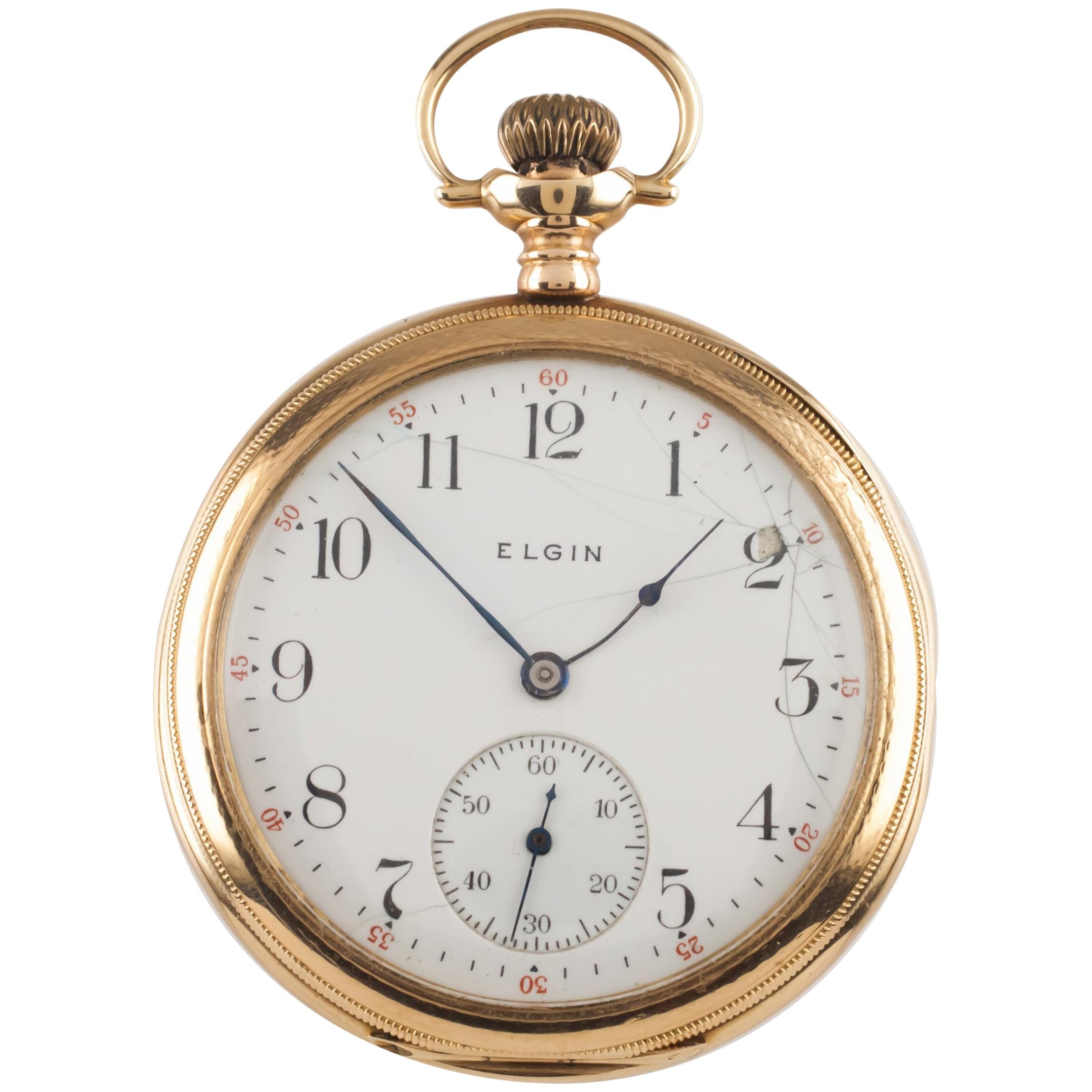Elgin Open-Face 14 Karat Gold Antique Pocket Watch Gr 364 12S 15J 1910 For Sale