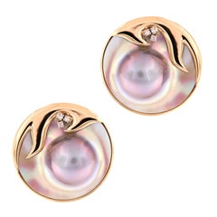 Mother of Pearl Diamond Gold Button Earrings
