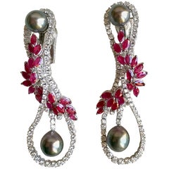 Mouawad Dangle Earrings 6 Carats Diamonds and 11 Carats Rubies