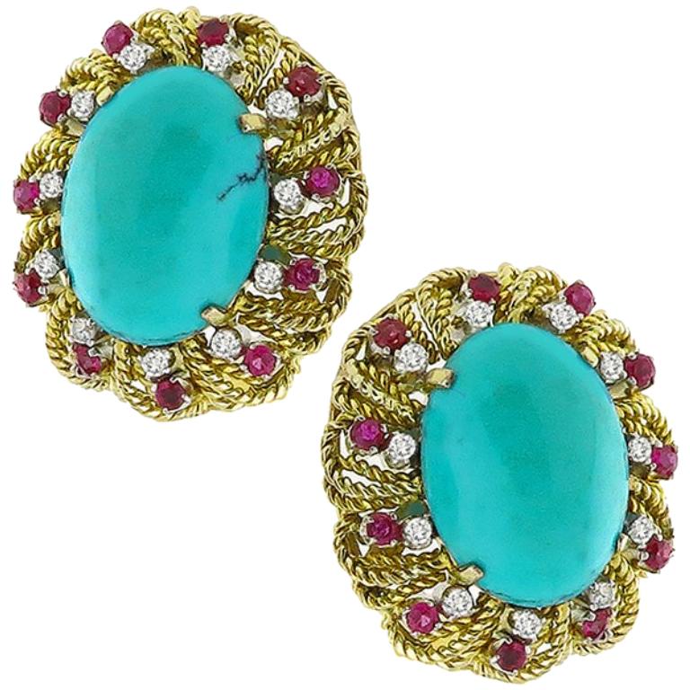 Turquoise Ruby Diamond Gold Earrings