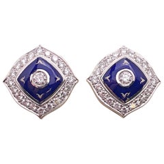 Antique Modern Faberge Diamond Prussian Blue Enamel Earrings