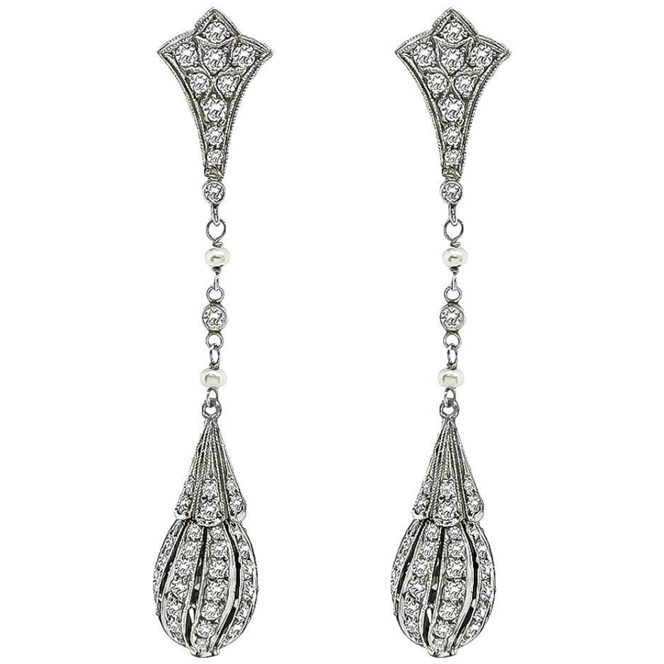 Diamond Pearl Platinum Handmade Drop Earrings