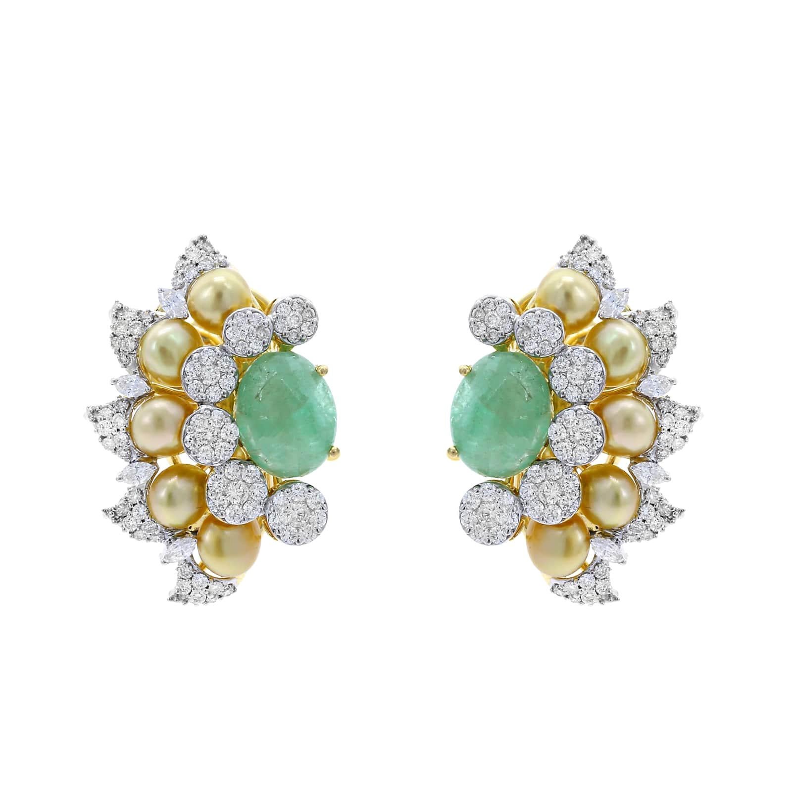 Curved Emerald, Diamond, and Pearl Earrings, 18 Karat Gold