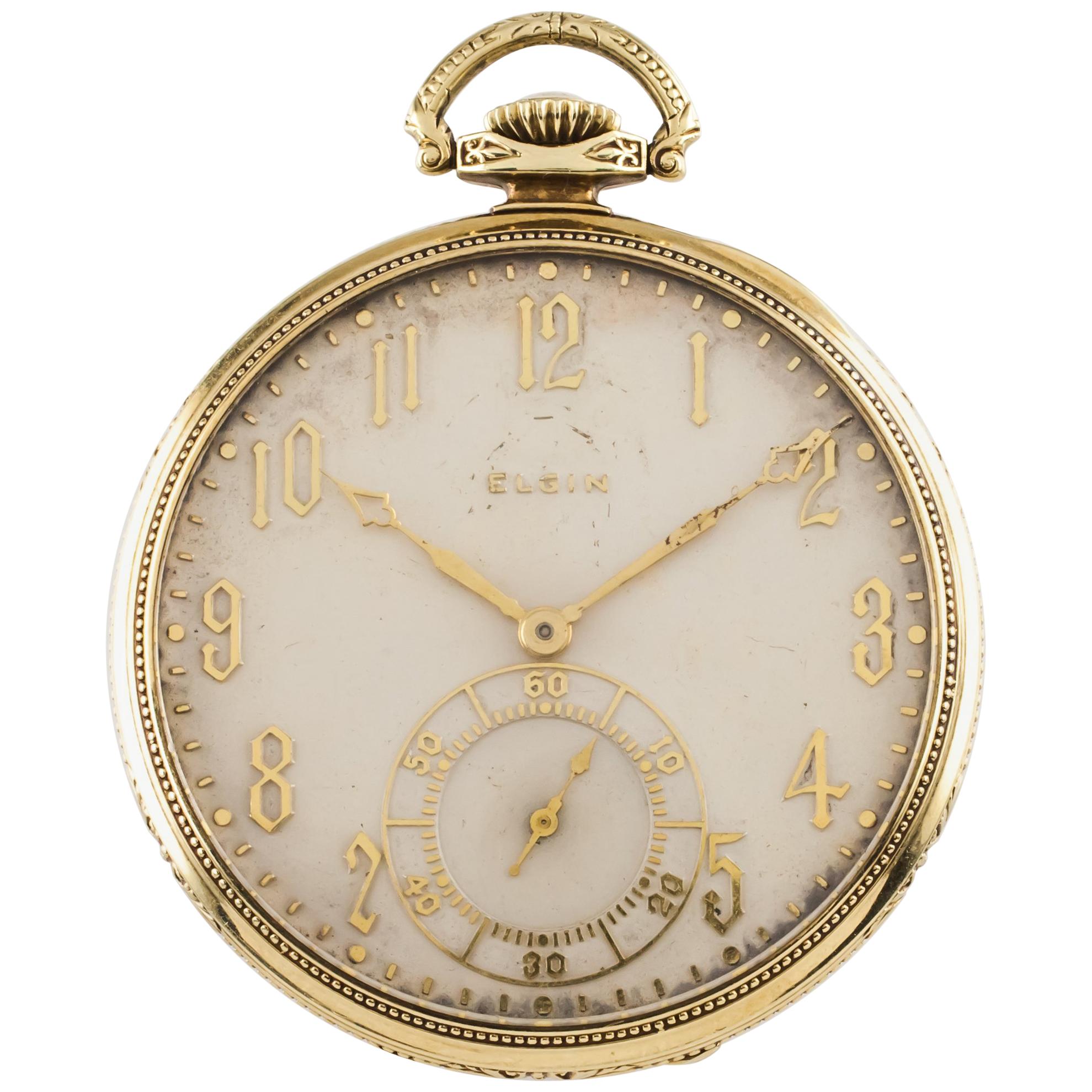 Elgin Crusader Open Face 14 Karat Yellow Gold Antique Pocket Watch 12S 17J 1925