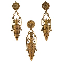 Victorian French Etruscan Urn Earrings and Perfume Pendant Set