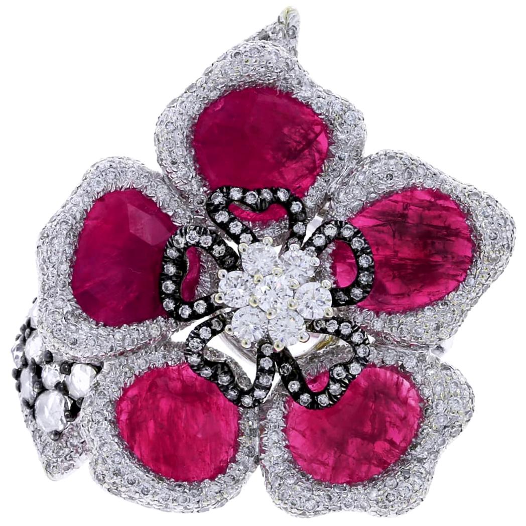 Ruby Petals and Diamond Floral Ring