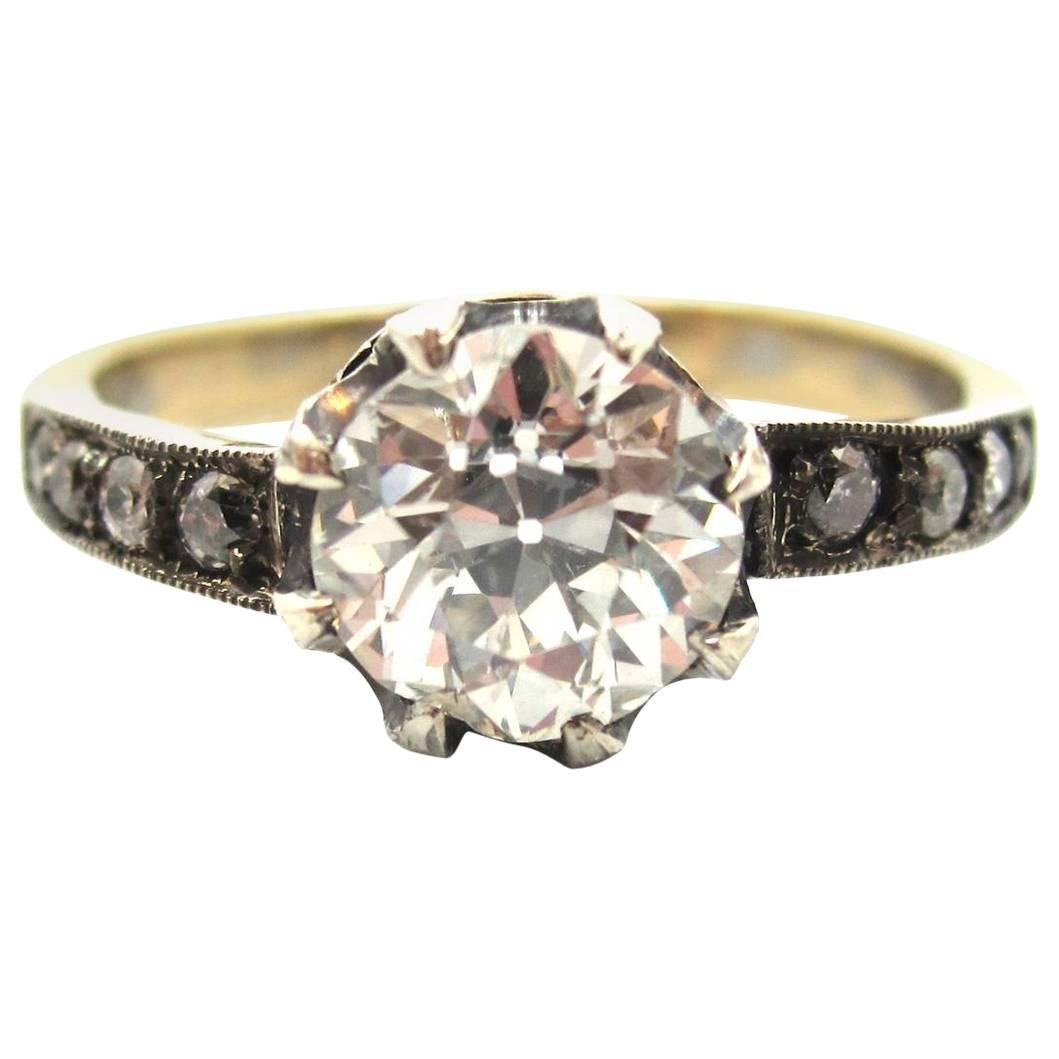 French Antique 1.25 Carat Old European Cut Diamond Silver Gold Engagement Ring