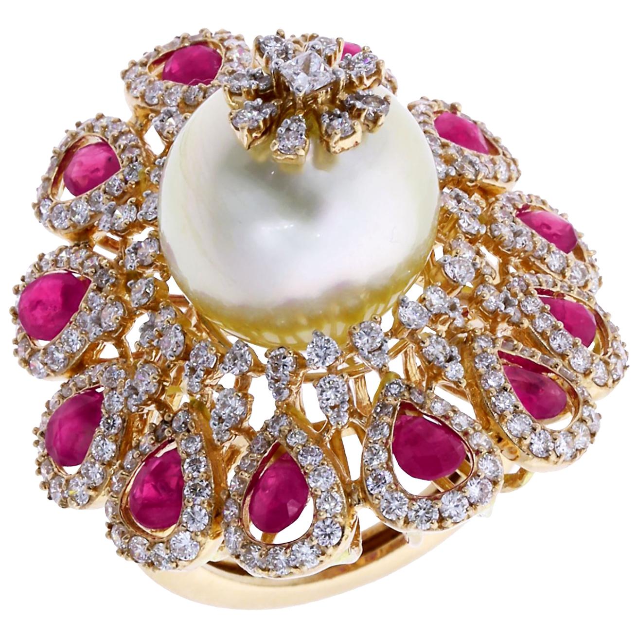 Ruby and Pearl Blooming Flower Ring with Diamonds