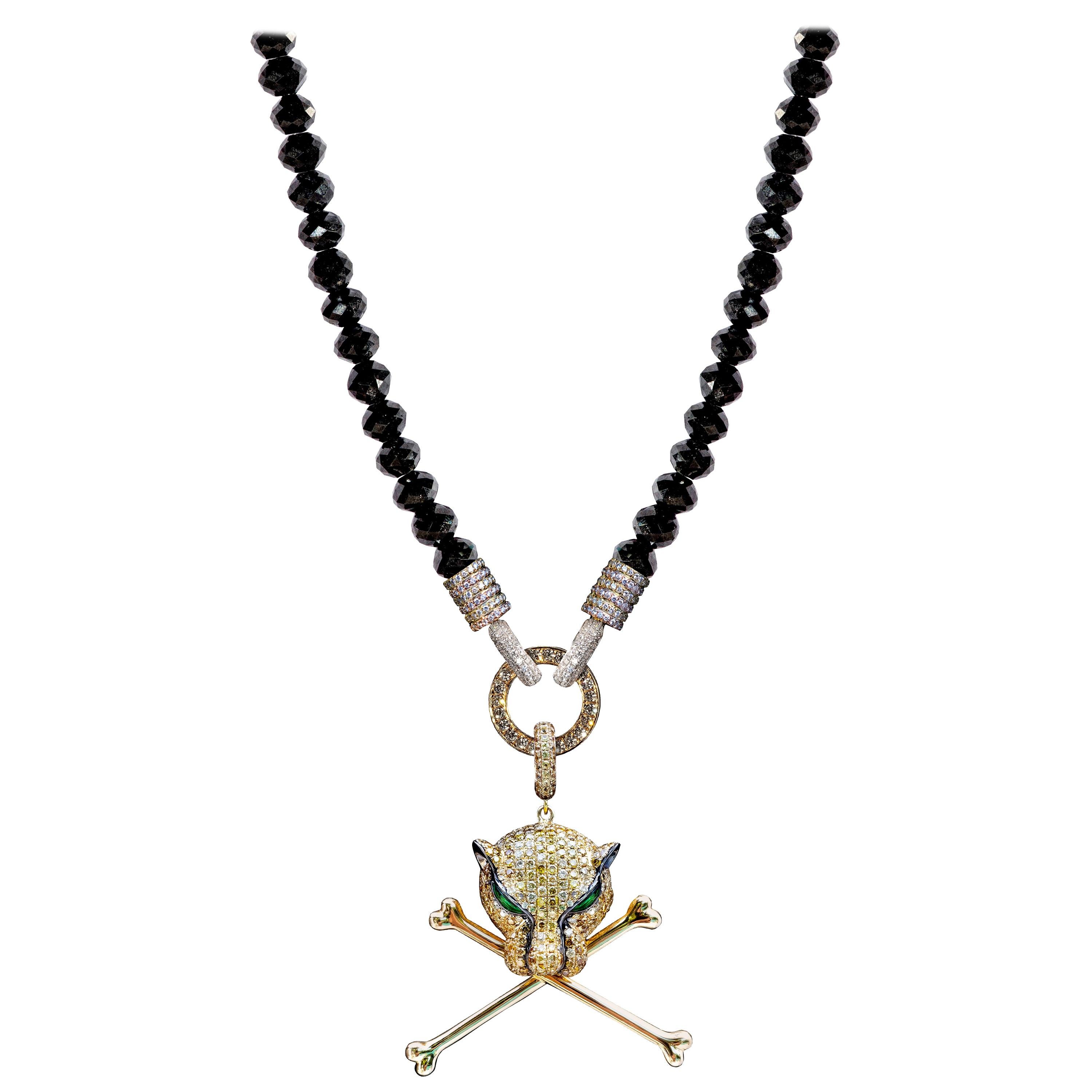 Rosa Van Parys Black Diamond and Panther Head and Cross Bones Necklace For Sale