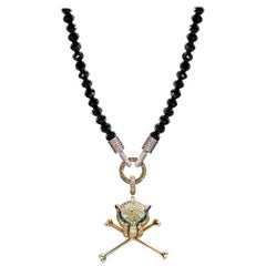 Rosa Van Parys Black Diamond and Panther Head and Cross Bones Necklace