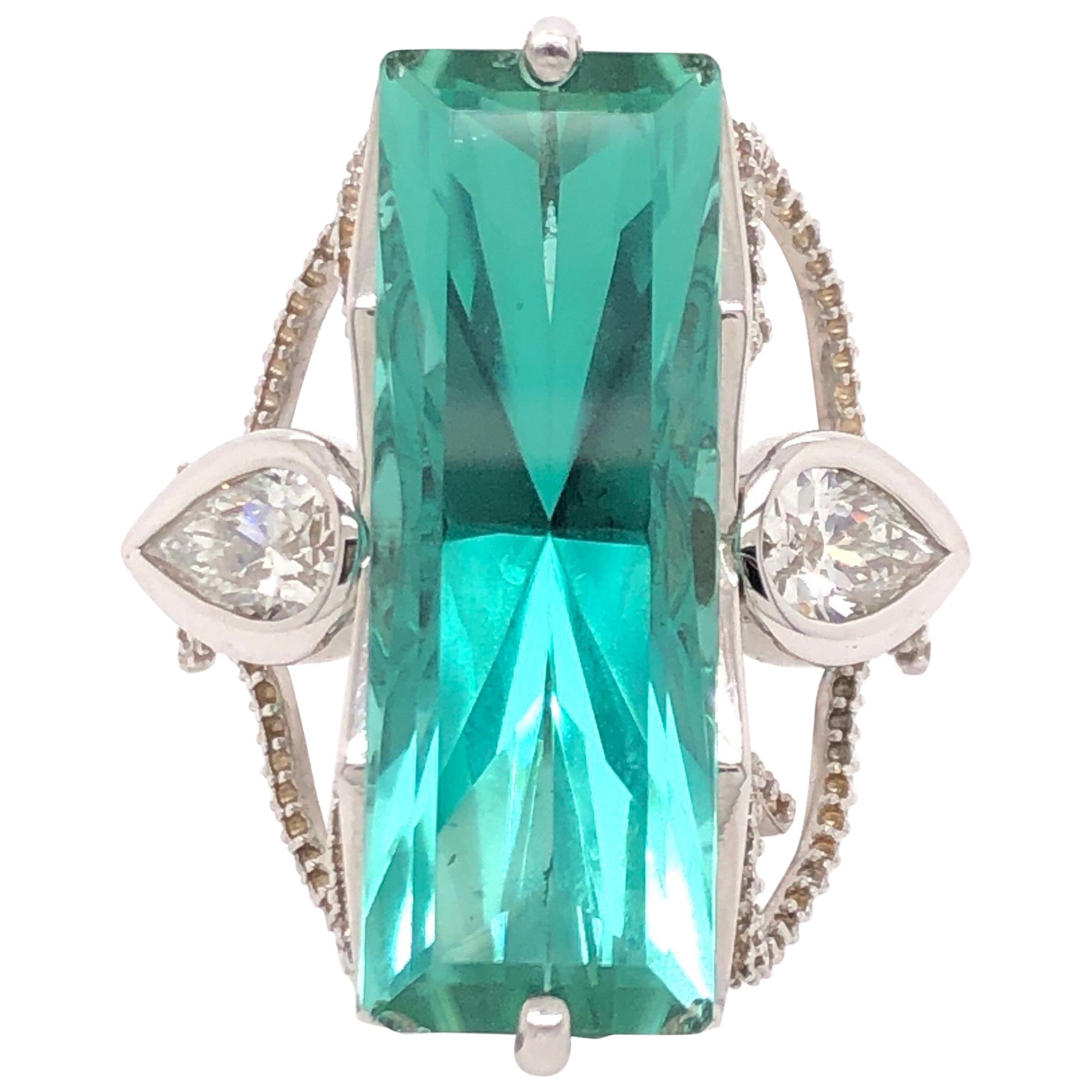 Large Emerald Cut Tourmaline Pear Shaped Diamond White Gold Ring