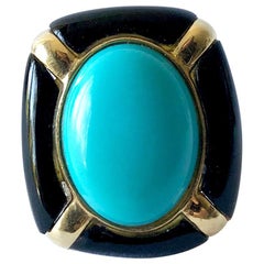 1960s Gold Persian Turquoise Onyx Designer Ring