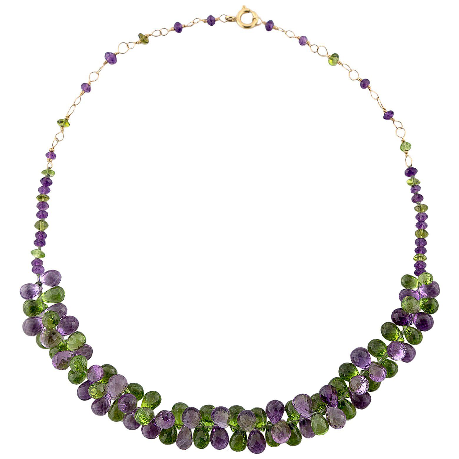 Yellow Gold Filled Necklace with Briolette Amethysts and Briolette Peridots