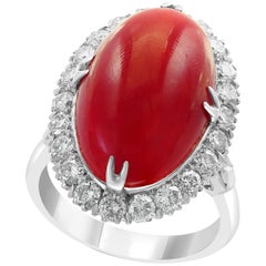 10 Carat Natural Coral and 1.5 Carat Diamond Ring 14 Karat White Gold, Estate