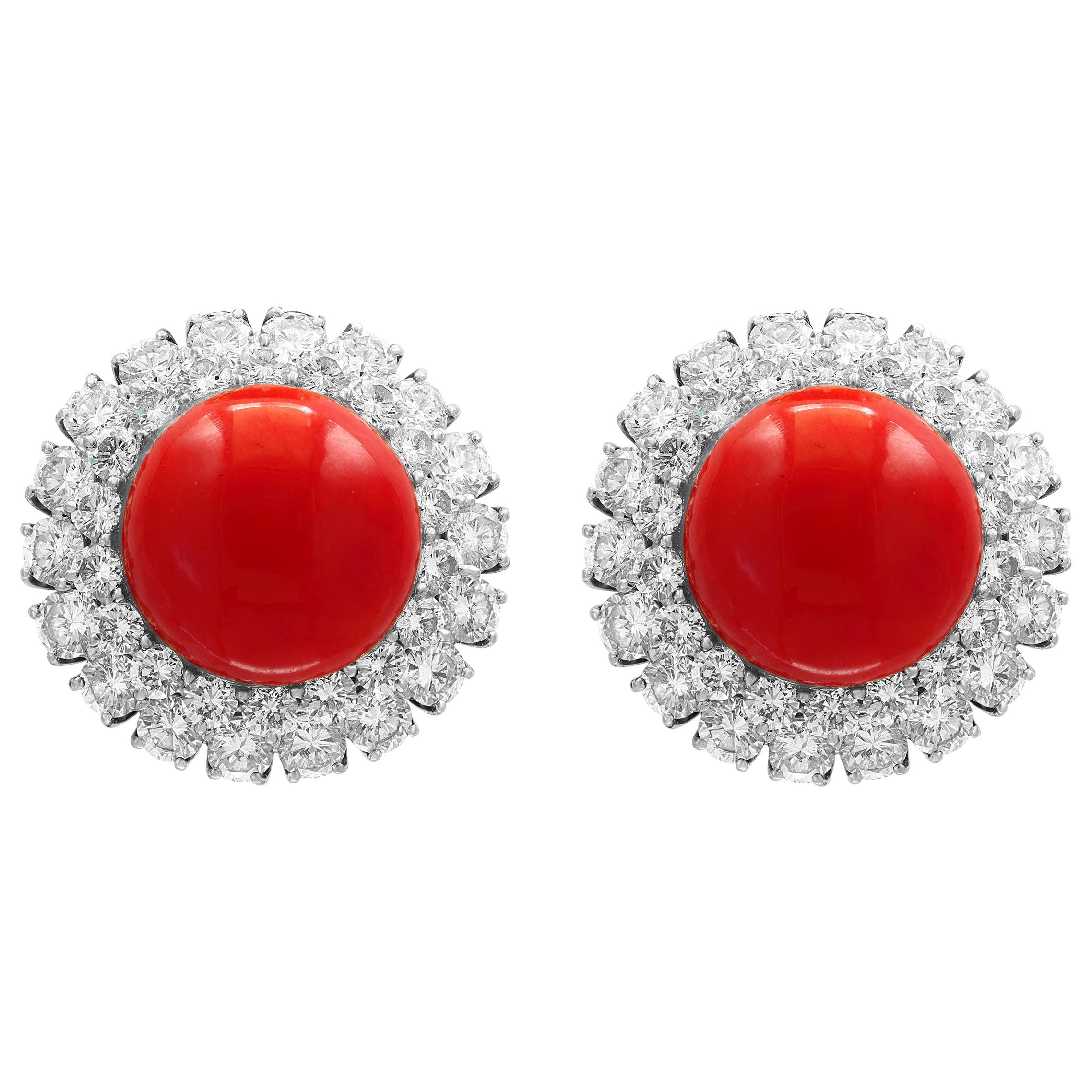 35 Carat Natural Coral and 12 Carat DeBeers Diamond Cocktail Earring in Platinum