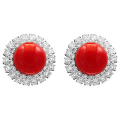 Antique 35 Carat Natural Coral and 12 Carat DeBeers Diamond Cocktail Earring in Platinum