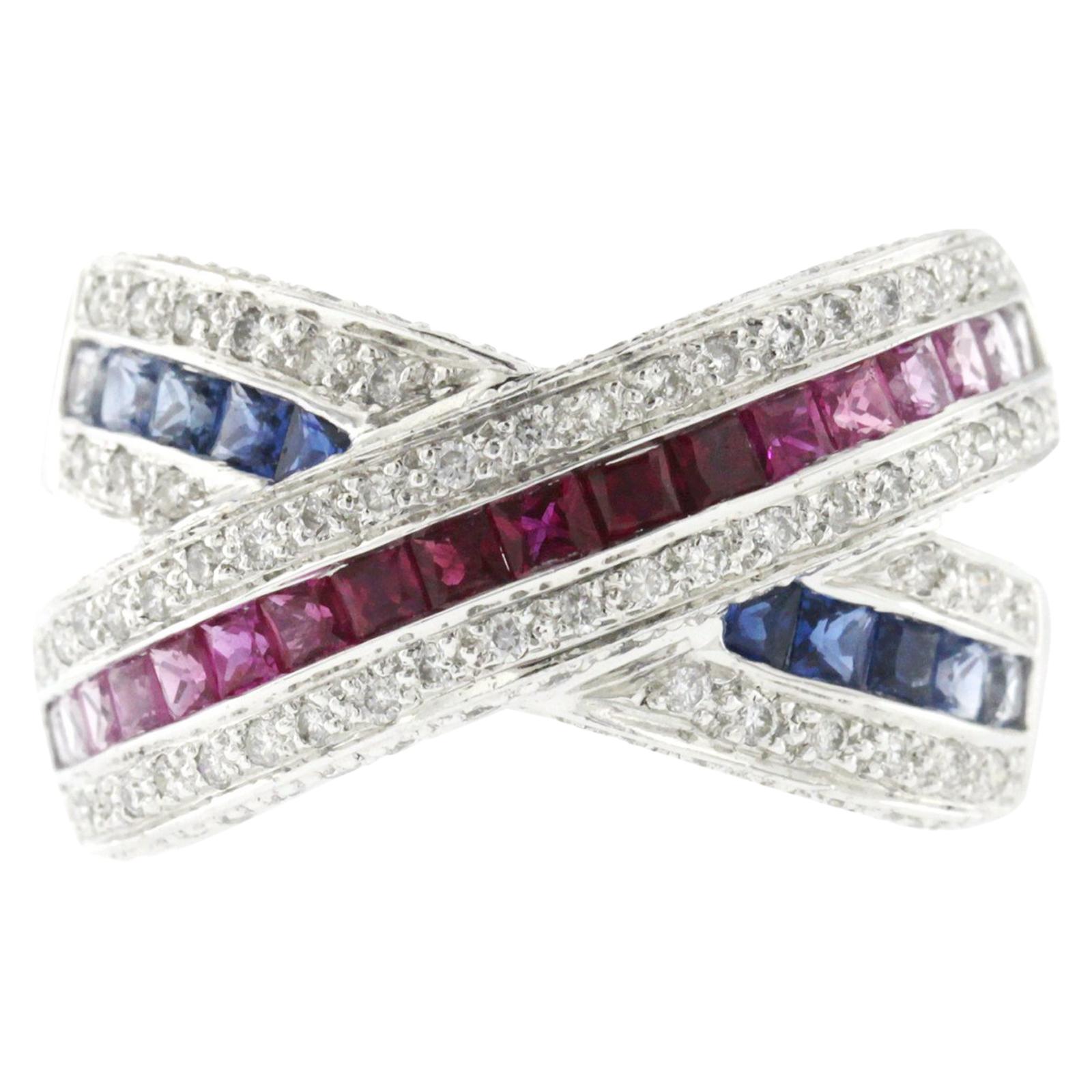 1.55 Ct Multi Sapphires & 0.50 Ct Diamonds In 18k Gold X Wedding Band Ring