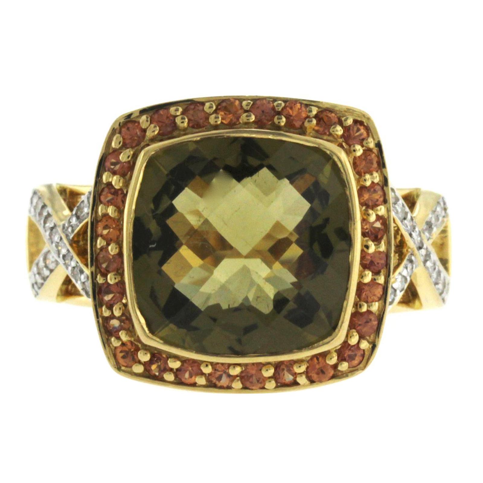Gold 18 Karat Yellow Green and Orange Quartz with Diamonds Engagement Ring For Sale