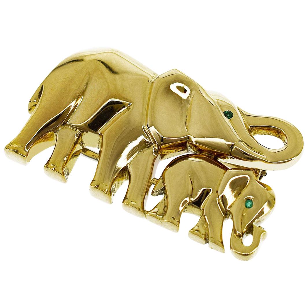 Cartier Smaragd 18 Karat Gelbgold Jumbo Elefanten-Clip-Brosche im Angebot