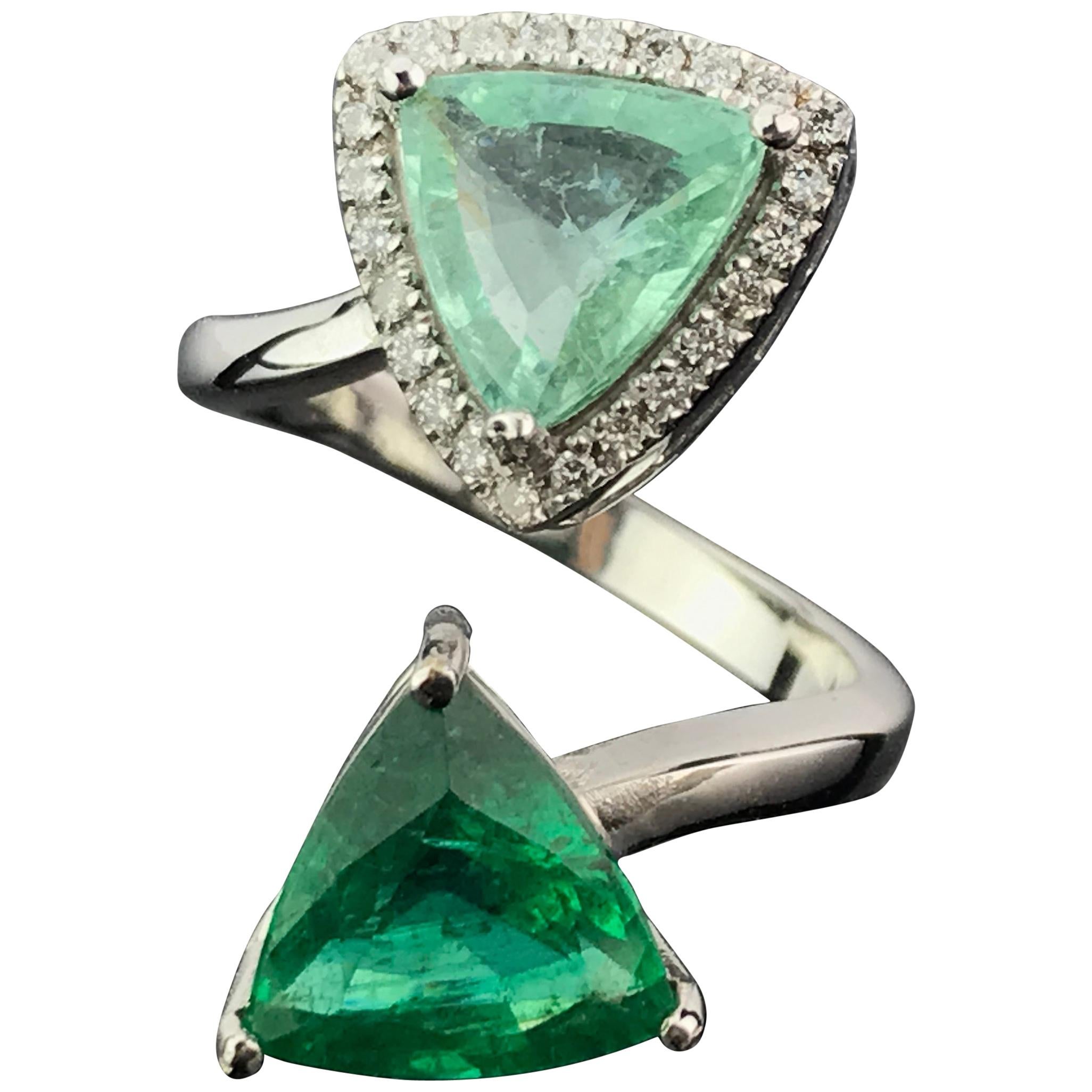 Certified Trillion Emerald and Pariaba Tourmaline Solitaire Ring For Sale