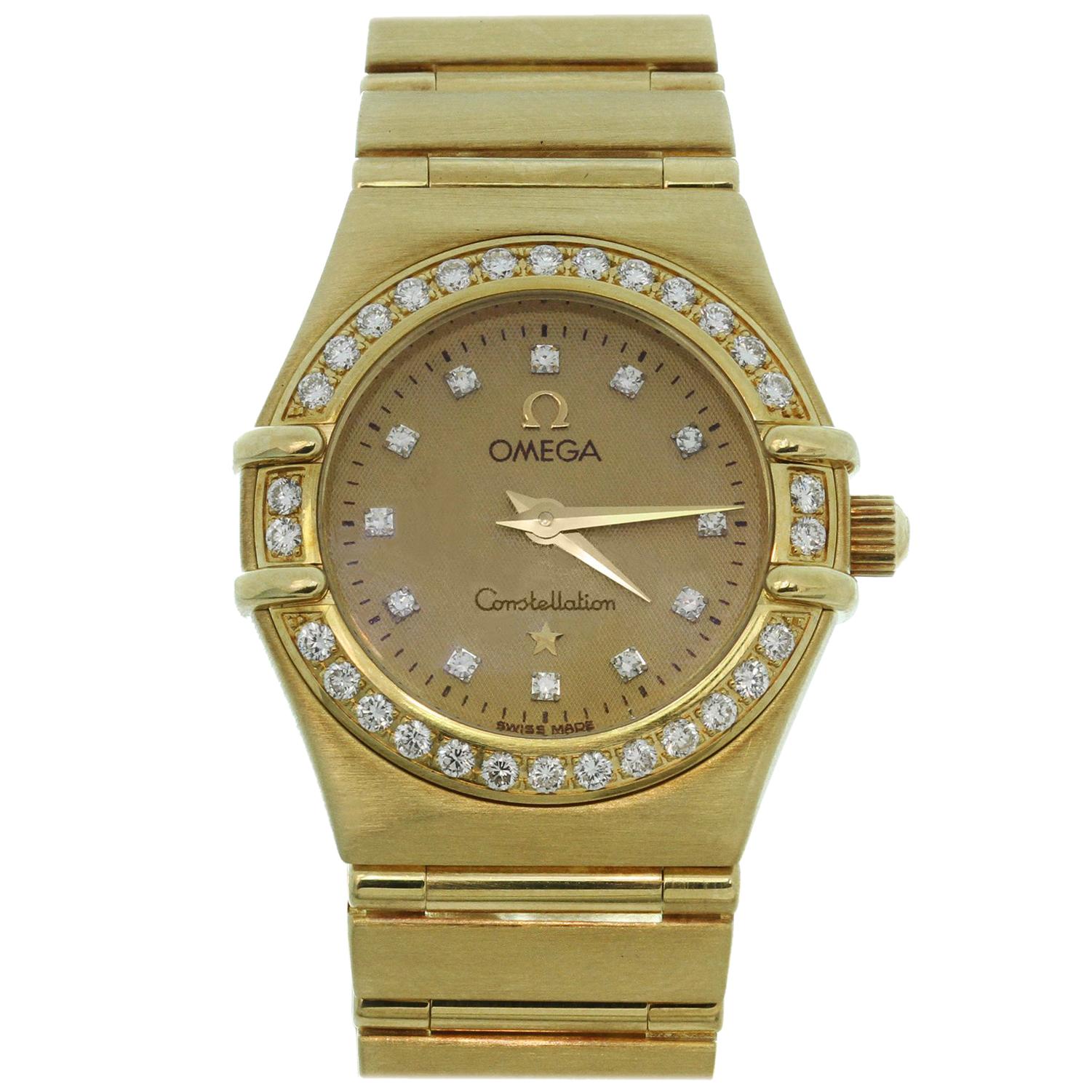 Omega Constellation Yellow Gold Diamond Bezel Diamond Dial Women’s Watch