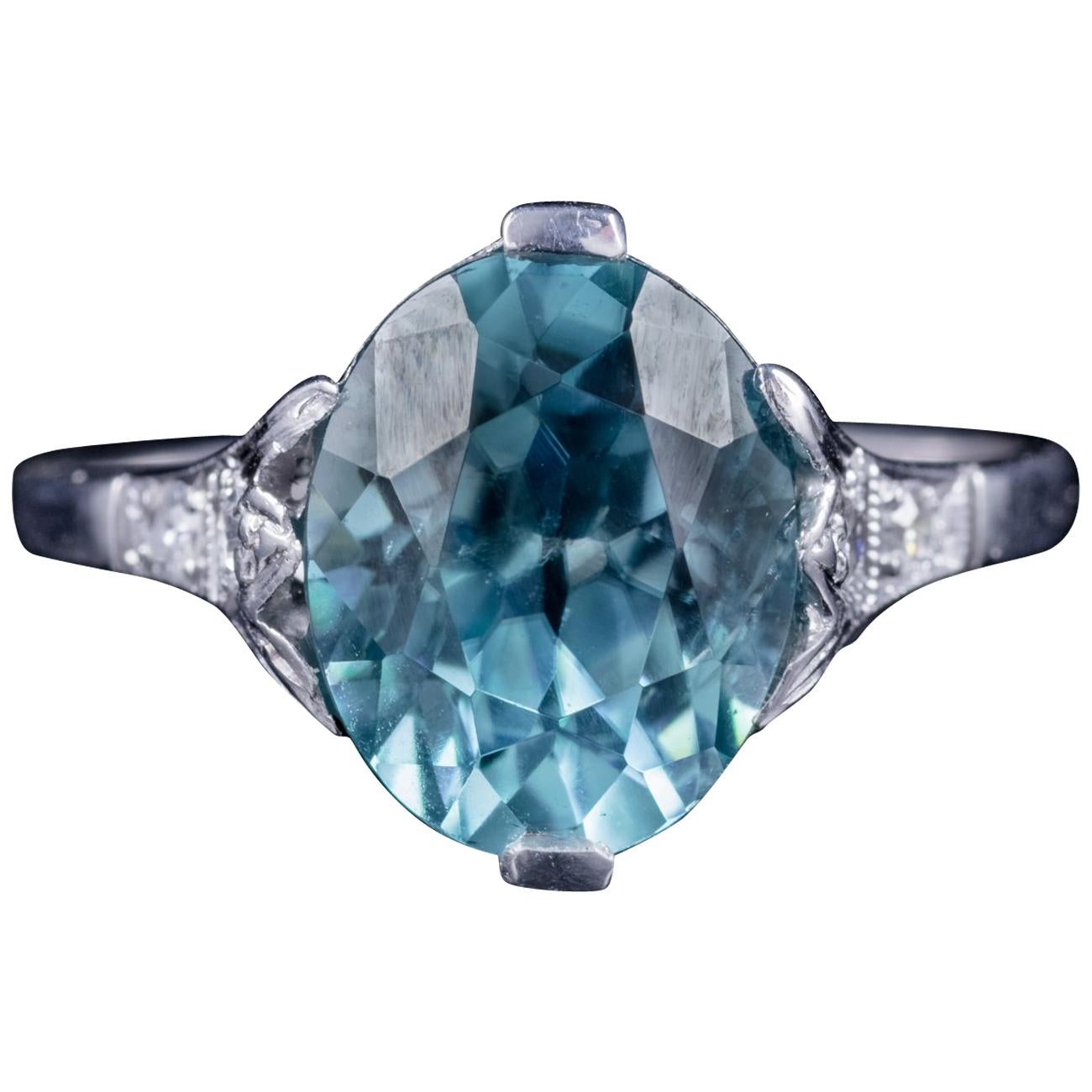 Antique Edwardian Blue Zircon Diamond Ring 18 Carat White Gold, circa 1910 For Sale