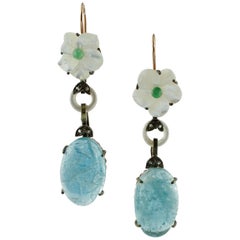 Vintage Beautiful Aquamarine Pendant, Mother of Pearl, Emeralds, Diamonds Earrings