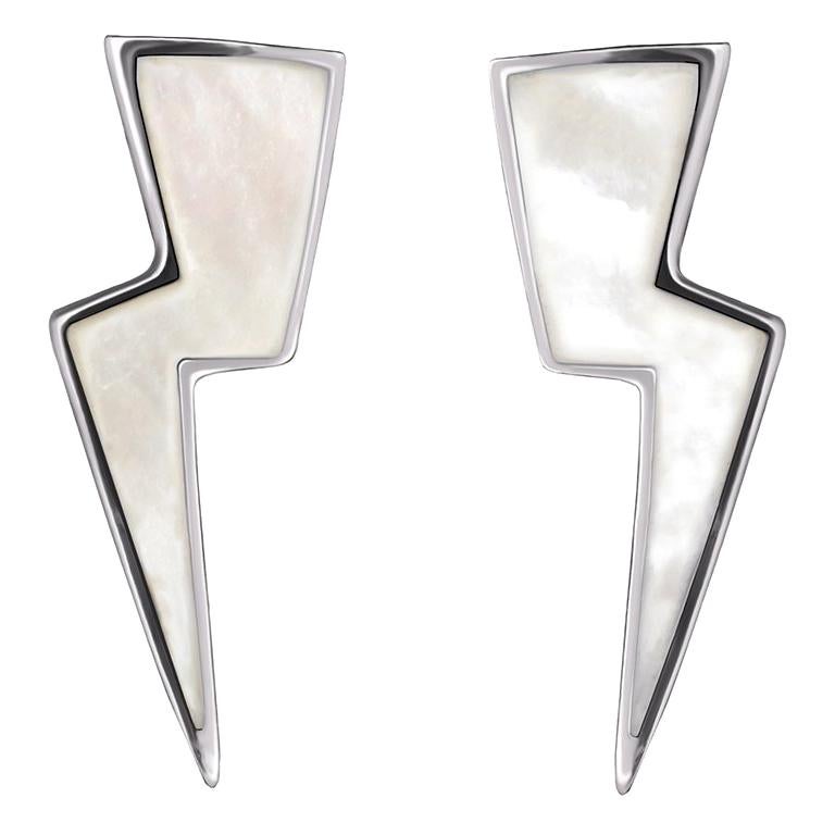 Sterling Silver and Mother-of-Pearl Lightning Bolt Earrings For Sale
