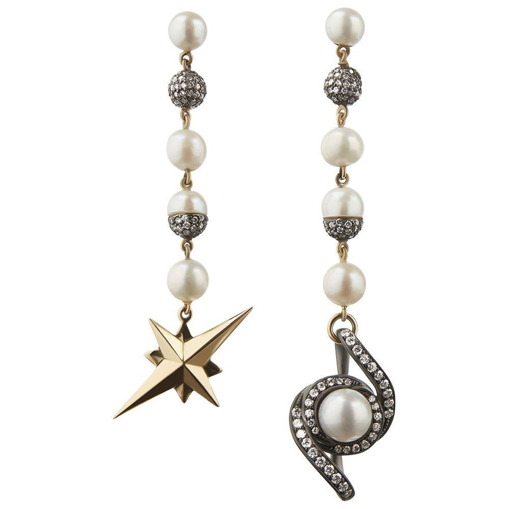 18 Carat Yellow Gold, Blackened Silver, Pearl and Diamond Star Earrings For Sale