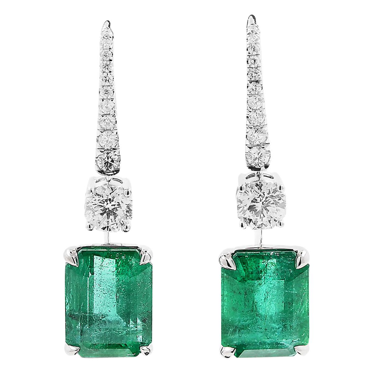 GRS Certified 14.71 Carat Natural Unheated Green Emerald White Diamond Earrings