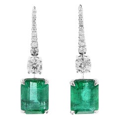 GRS Certified 14.71 Carat Natural Unheated Green Emerald White Diamond Earrings