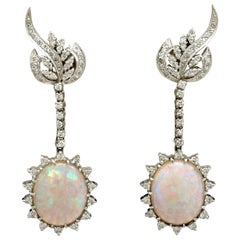 Vintage 1960s 11.52 Carat Opal and 2.52 Carat Diamond White Gold Drop Earrings
