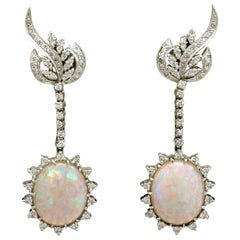 1960s 11.52 Carat Opal and 2.52 Carat Diamond White Gold Drop Earrings