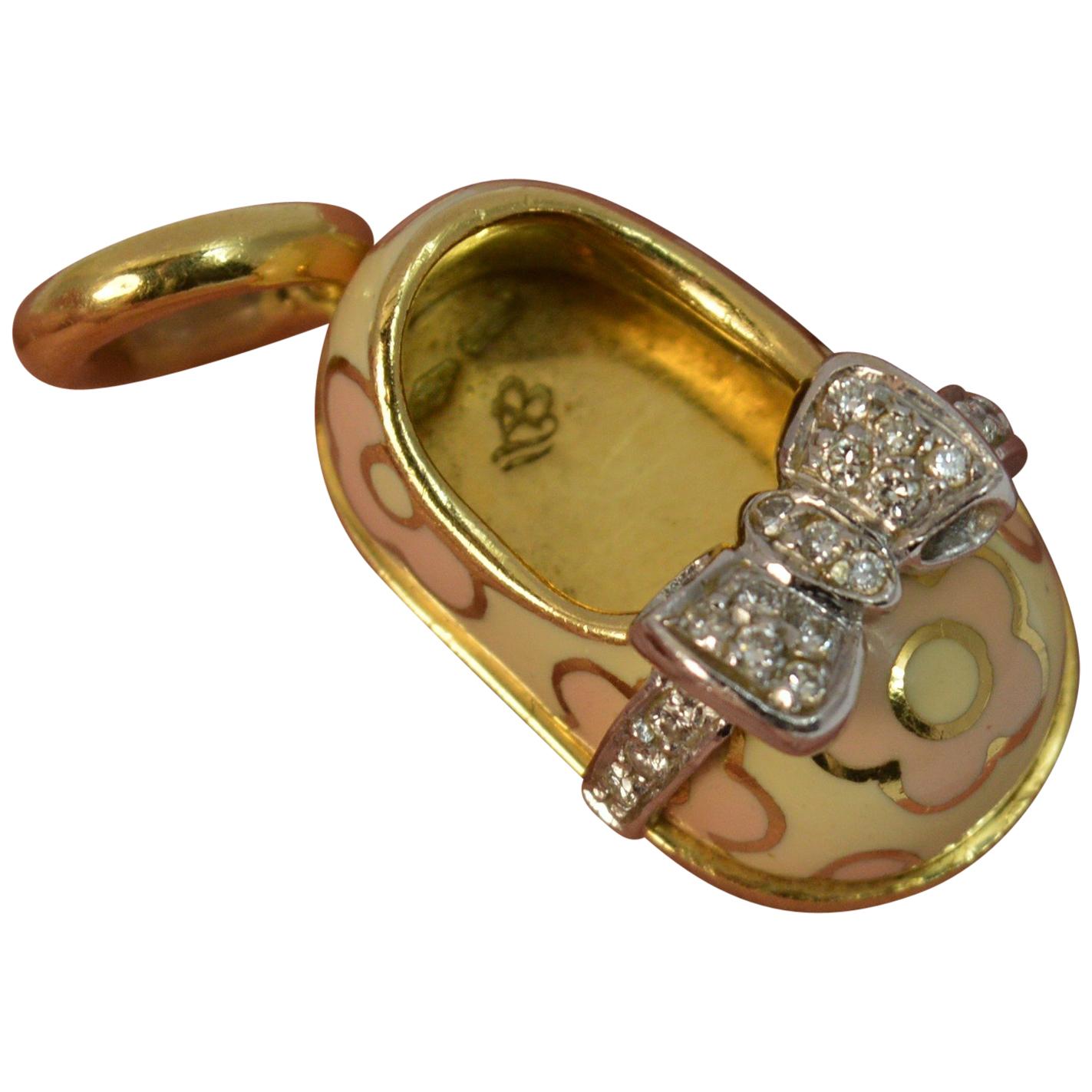 Aaron Basha 18 Carat Gold Enamel Pink Flower Shoe Charm Pendant