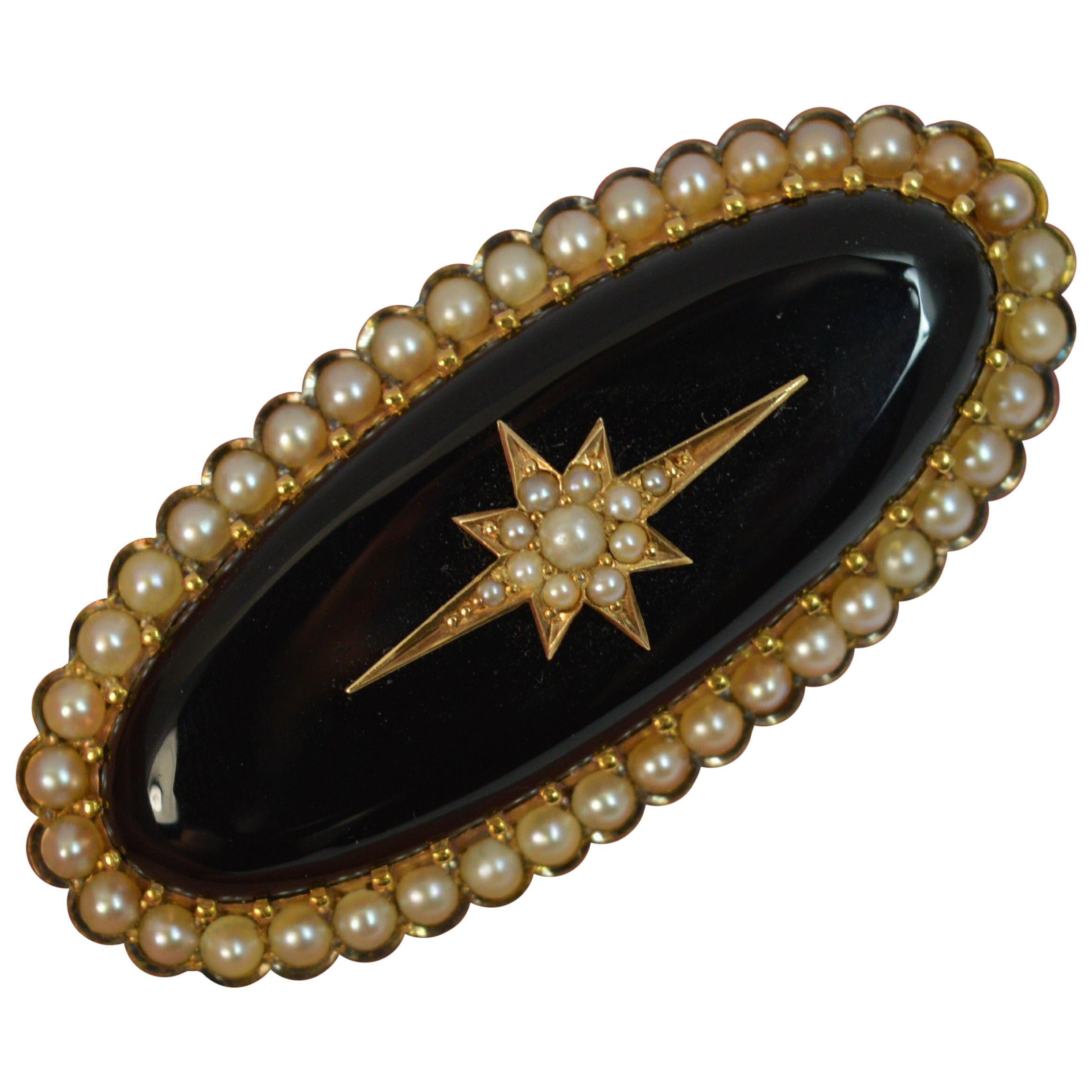 Victorian 15 Carat Gold Onyx and Seed Pearl Brooch