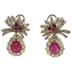 Antique Beautiful Rubies and Diamonds, 18 Karat White Gold Ribbon Earrings