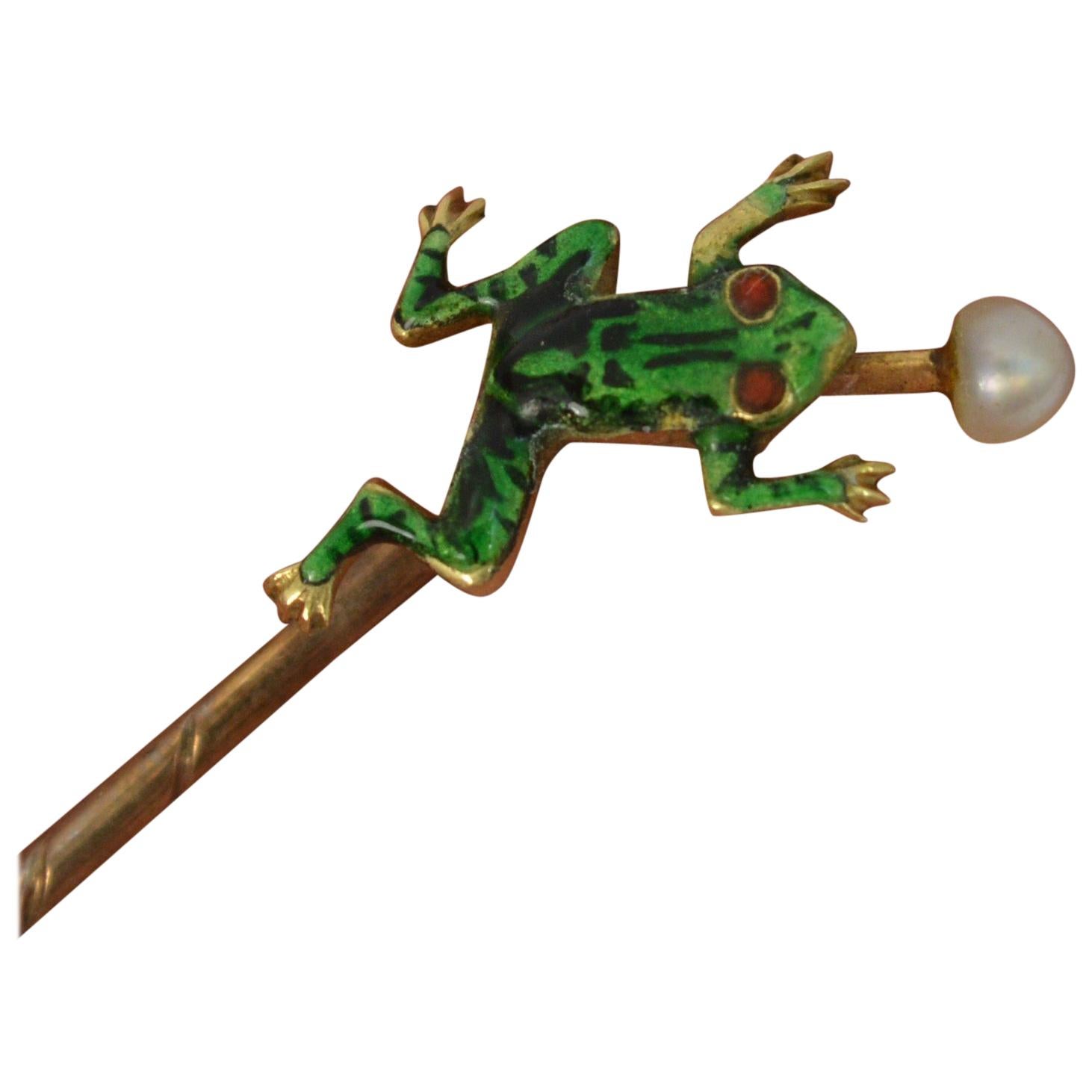 Novelty Victorian Frog Enamel 9 Carat Gold Stick Pin in Antique Box Dated 1915