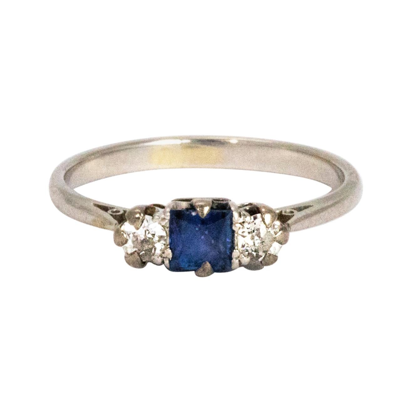 Edwardian Platinum Diamond and Sapphire Three-Stone Ring