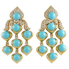 Set of Diamond, Turquoise Chandelier Gold Earrings