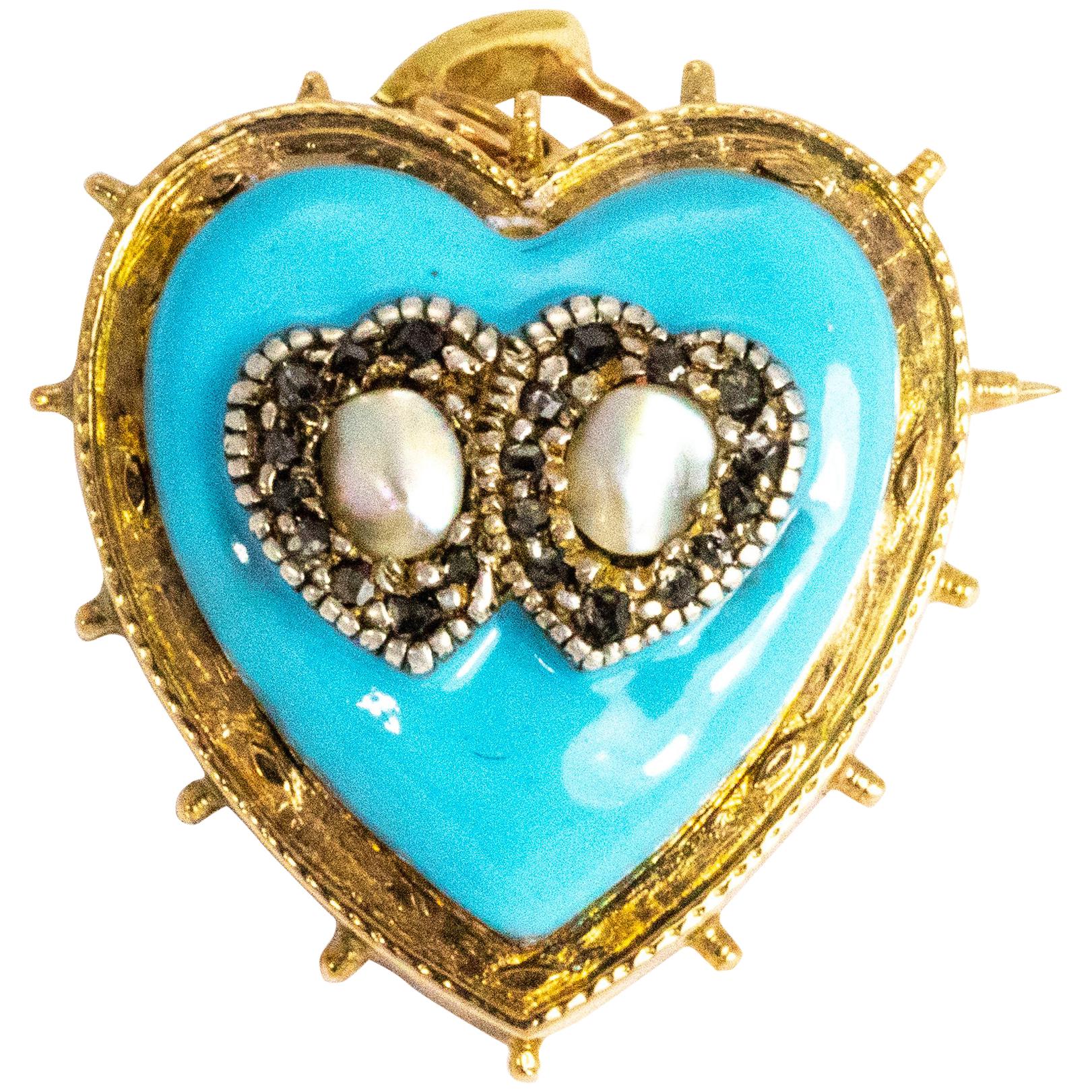 Victorian Blue Enamel and Diamond Set Gold Heart Pendant