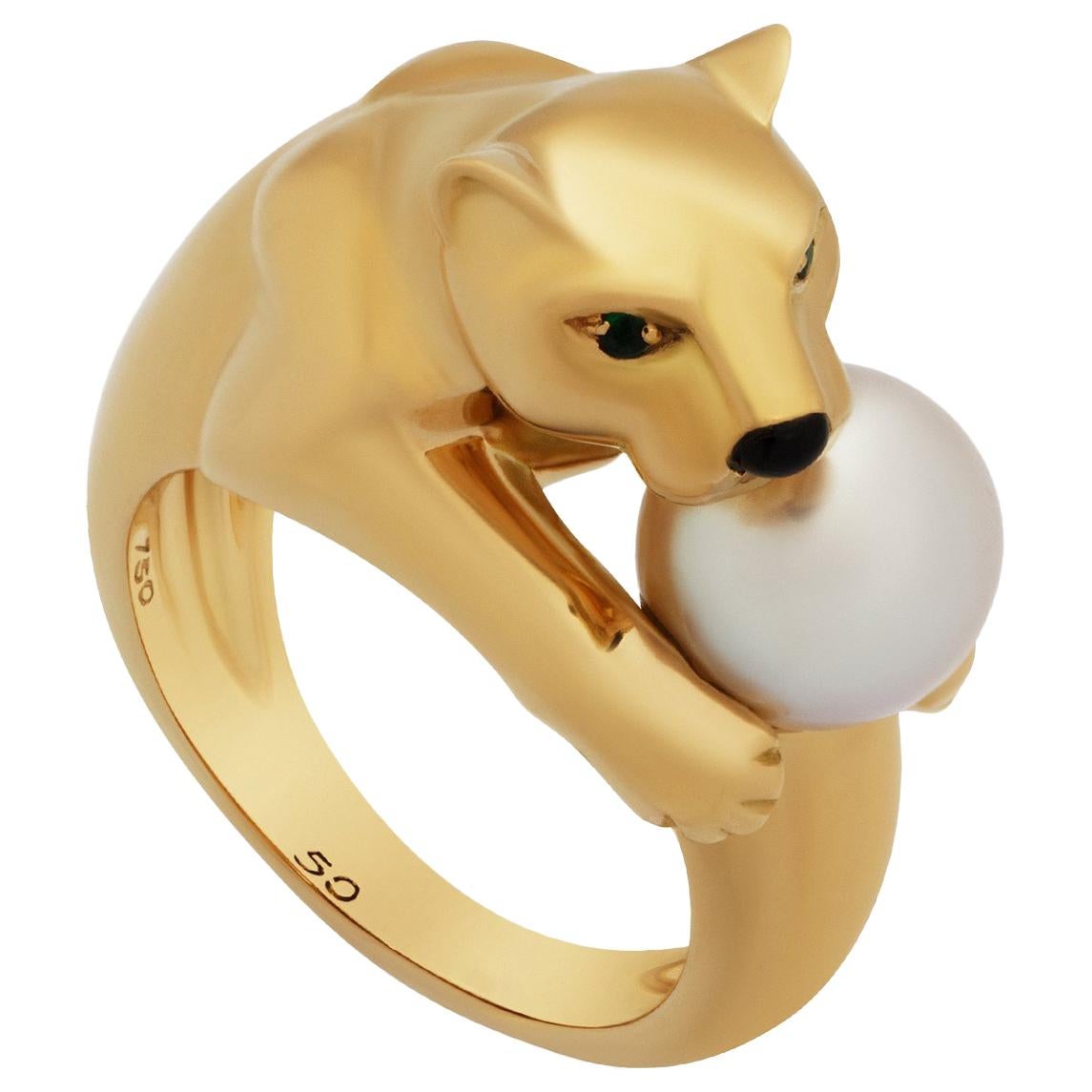 Cartier 18 Karat Yellow Gold Emerald Pearl Panther Ring