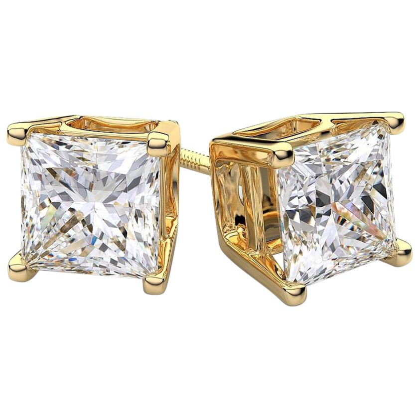 2.00 Carat Princess Brilliant Cut Diamond Stud Earrings 18k White Gold Setting  For Sale