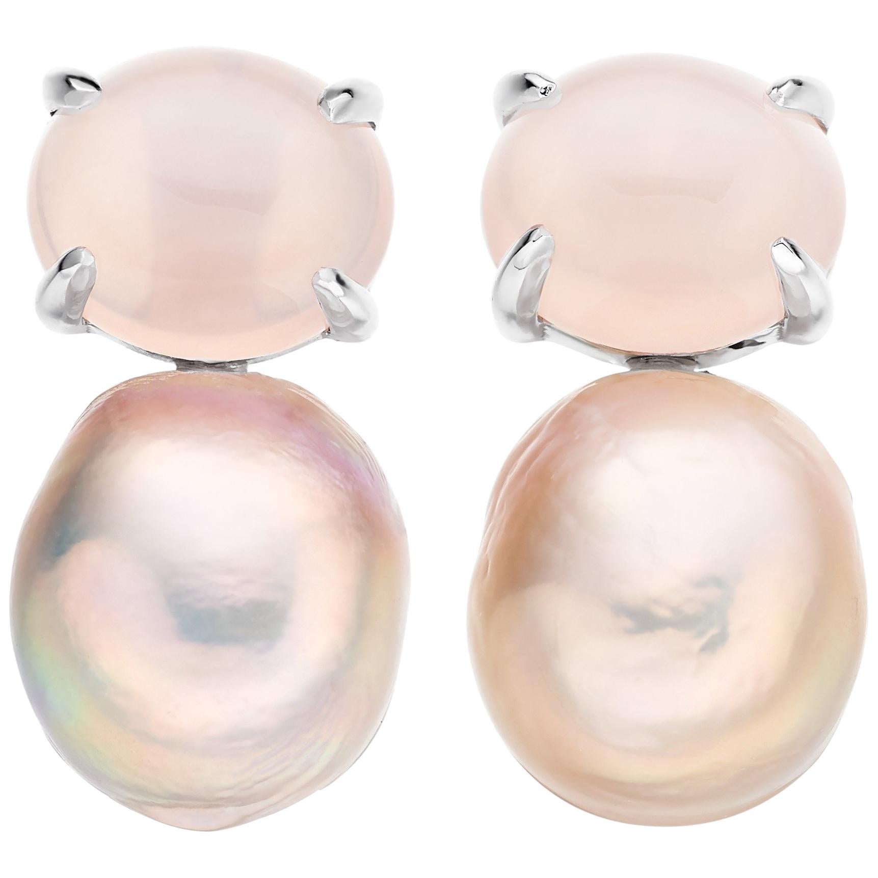 Rose Quartz and Pink Pearl Baroque Earrings in 18 Karat White Gold For Sale