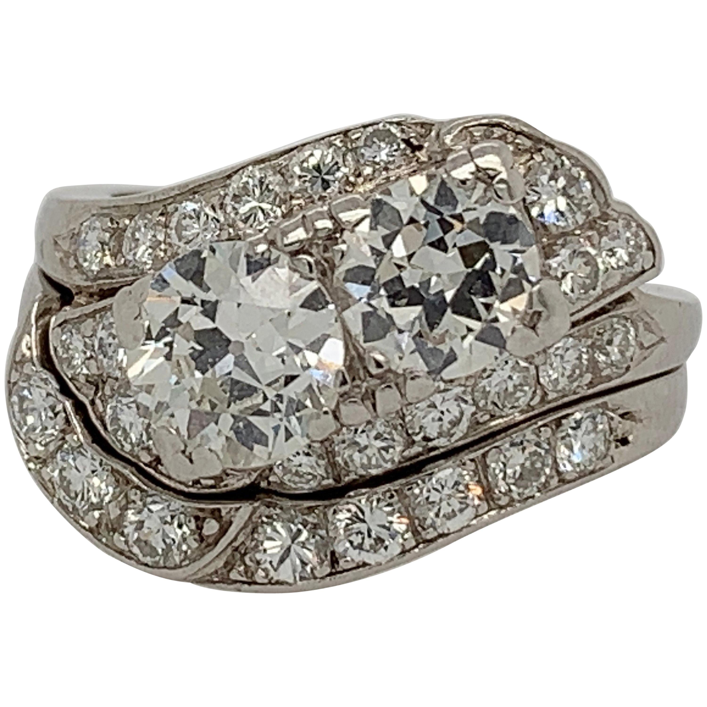 Retro Platin 1,85 Karat runder Brillant natürlicher Diamant Ring & Band Circa 1950 im Angebot