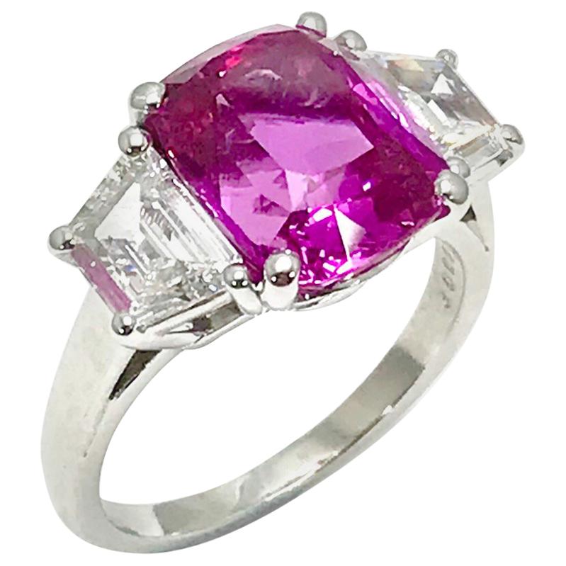 Oscar Heyman 6.32ct Cushion Pink Sapphire and Trapezoid Diamond Platinum Ring