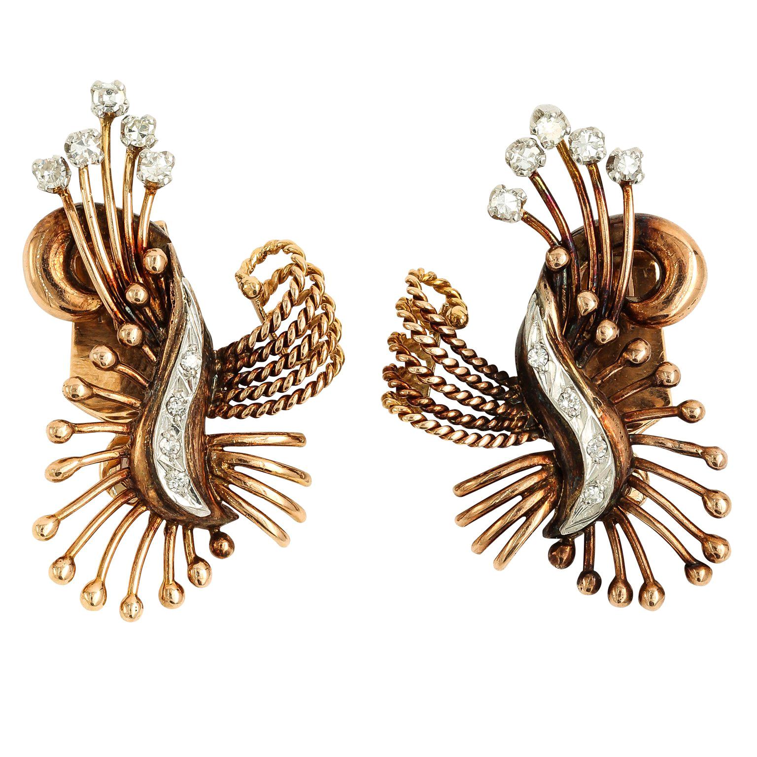 Art Deco Abstract 18 Karat Gold and Diamond Earrings, circa 1940s For Sale