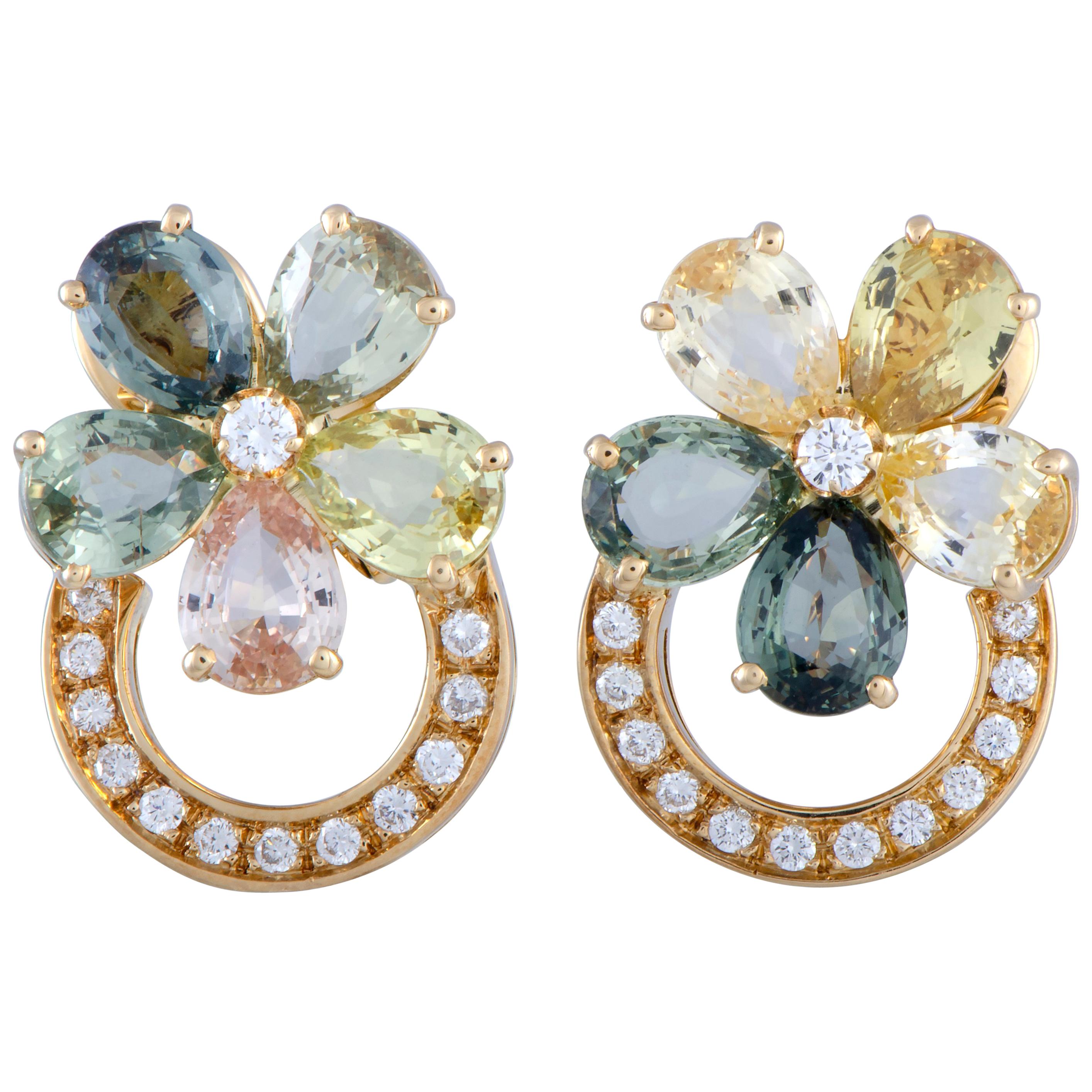 Bulgari Flora Diamond and Multi-Color Sapphire Yellow Gold Flower Earrings